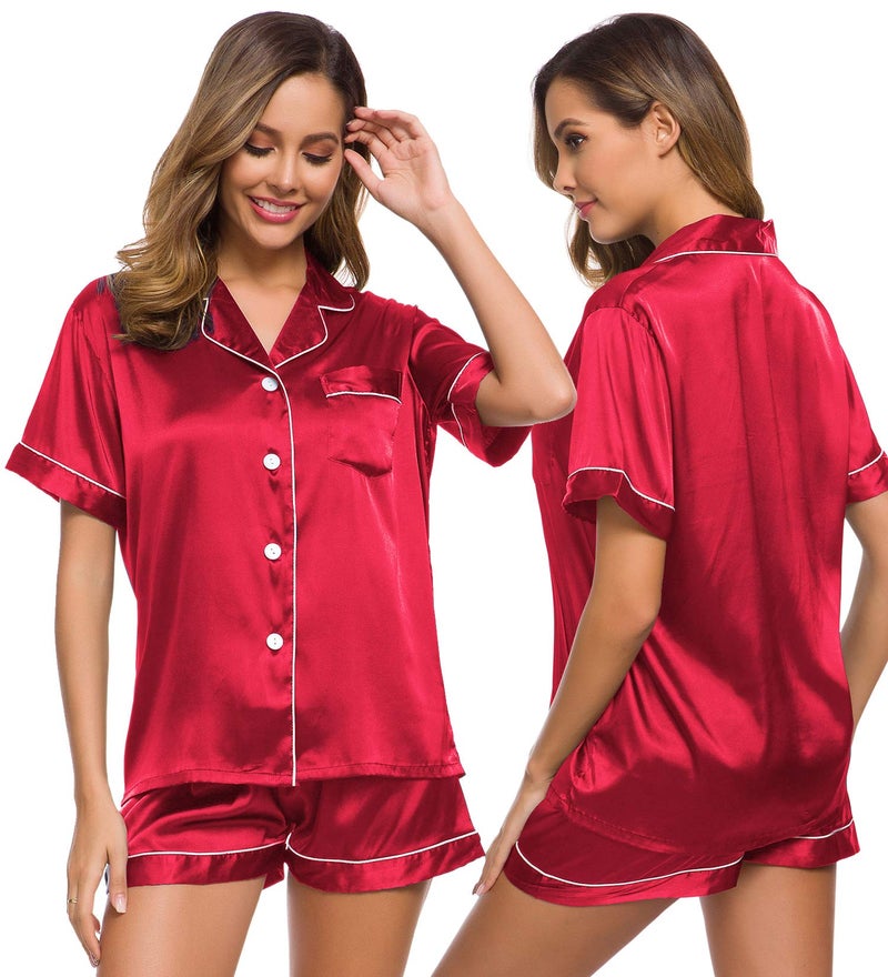SWOMOG Womens Silk Satin Pajamas Set Button Down Sleepwear Loungewear Red - Image 1